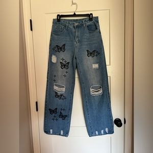 Distressed High Waisted Jeans with Butterfly Detail Size L